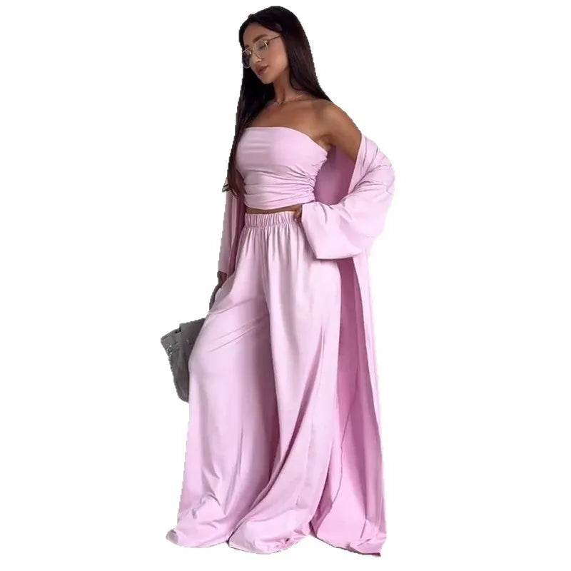 Pants Sets Women Solid Color Loose Long Cardigan Coat Tube Top High Waist Wide Leg Trousers Three Piece Set Casual Lady Suits - AIAZ