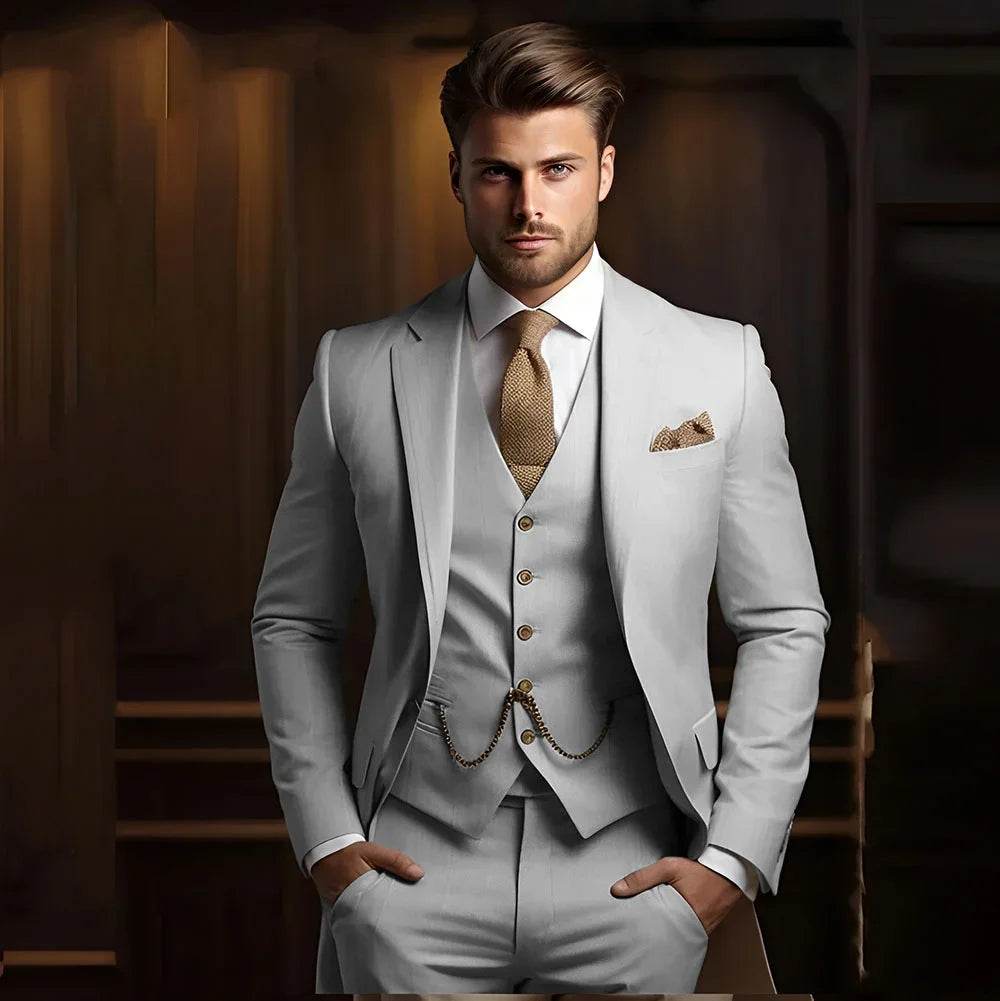 Formal Men's Suits for Groom 3 Pieces Khaki Wedding Groom Tuxedo Slim Fit 2025 Male Fashion Suit Jacket with Pants Vest - AIAZ