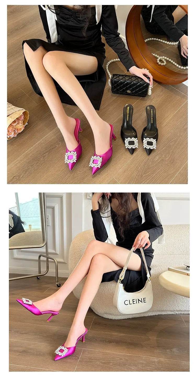 Women Sandals Summer New Slippers Pointed Toe Slingback Mules Shoes Woman Fashion Rhinestone Ladies High Heels Sexy Party Pumps - AIAZ