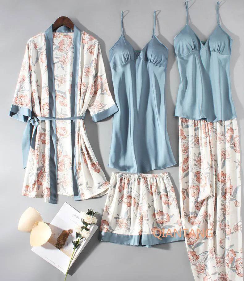 Pajamas Set Women Sleepwear Casual Satin Robe Suit Nightwear Lounge Wear V-neck Soft Pyjamas Kimono Bathrobe Gown Lingerie - AIAZ