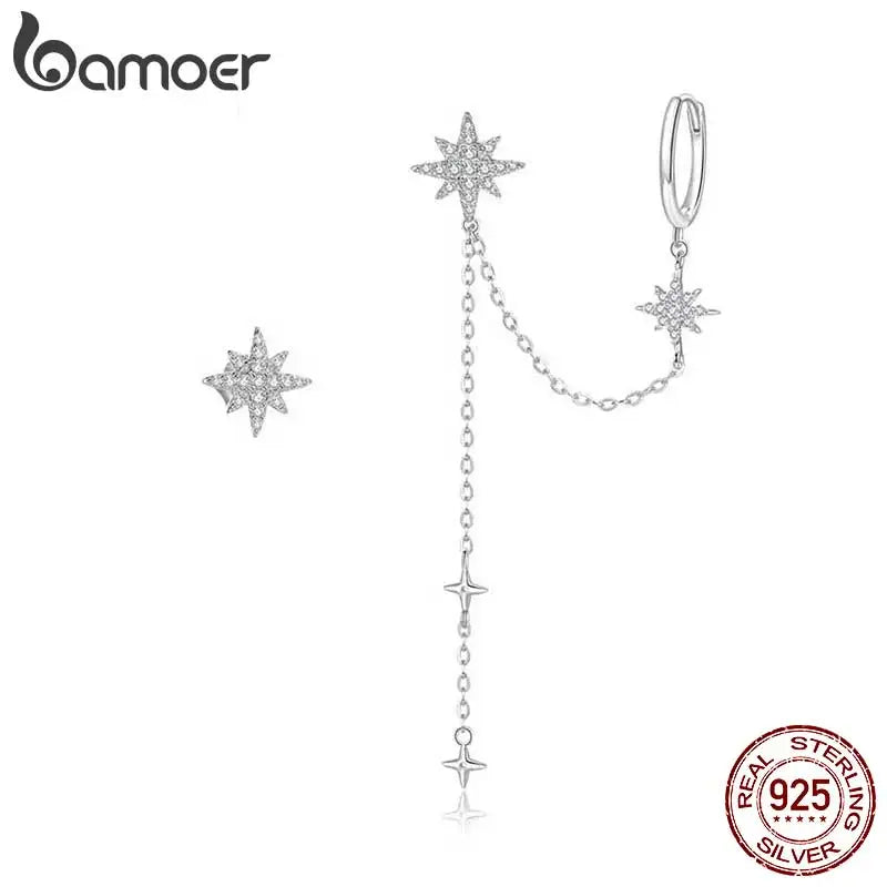 Bamoer Authentic 925 Sterling Silver Asymmetric Star Drop Earrings Clear CZ Stud Earring for Women Birthday Gift Jewelry BSE433