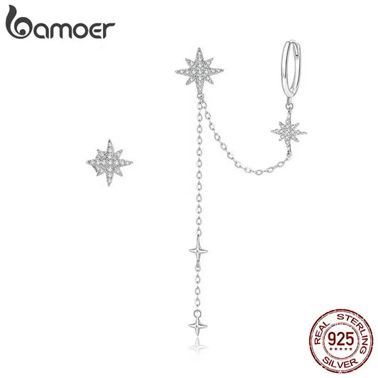 Bamoer Authentic 925 Sterling Silver Asymmetric Star Drop Earrings Clear CZ Stud Earring for Women Birthday Gift Jewelry BSE433