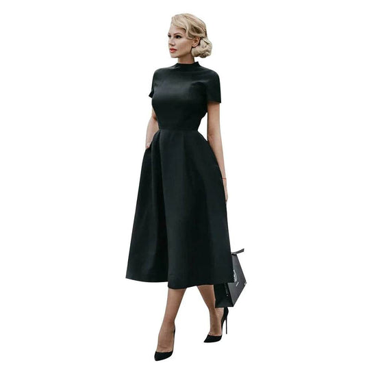 2022 Women Elegant Black Dress Half High Collar High Waist A-Line Dresses Slim Fit Midi Dress Office Lady Female Solid Vestidos - AIAZ