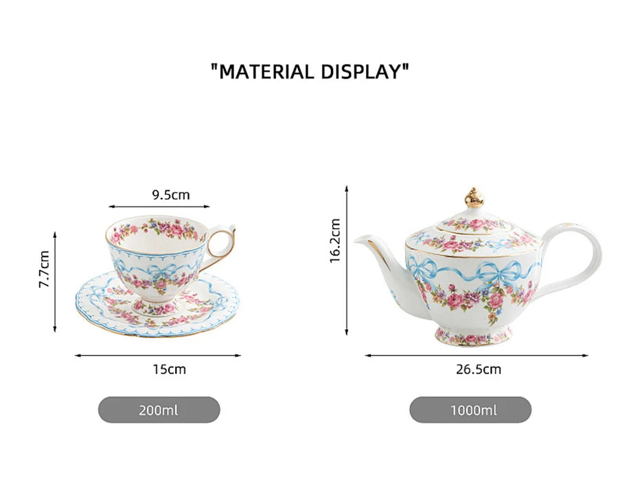 Ceramic Cup and Saucer Retro Bone China Coffee Cup French Romantic Elegant Floral Bow Afternoon Tea Drinkware Handmade Teapot