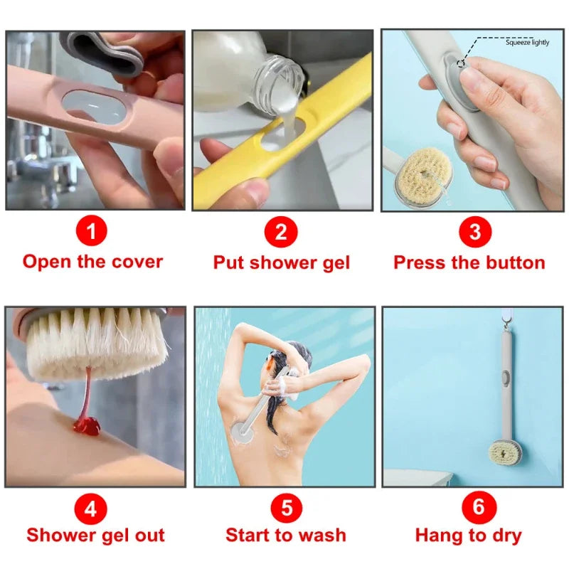 Long Handle Liquid Bath Brush Bathroom Body Brushes Back Body Bath Shower Sponge Exfoliating Scrub Massager Skin Cleaning Tools