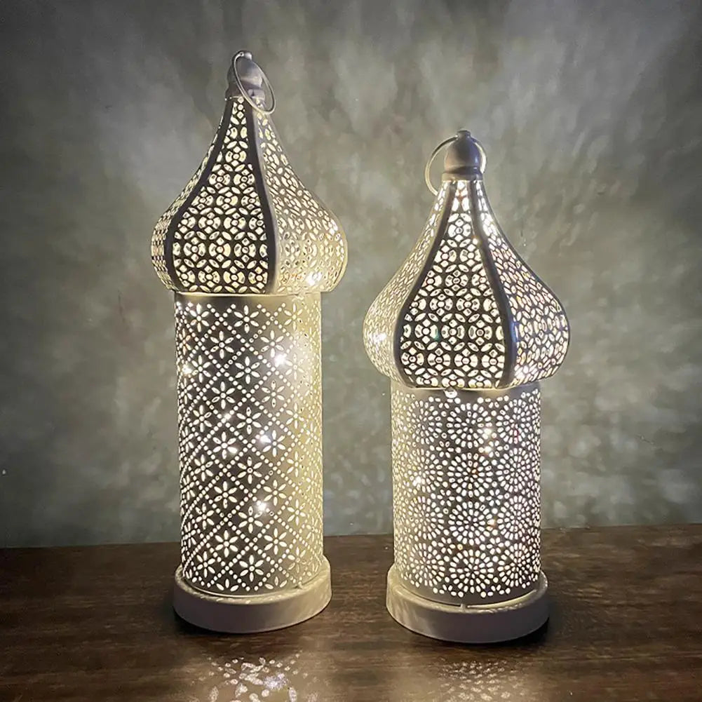 35CM White Hollow Led Wind Lamp Morocco Style Night Light Luminous Iron Lantern Home Living Room Decorative Lamp Ornaments