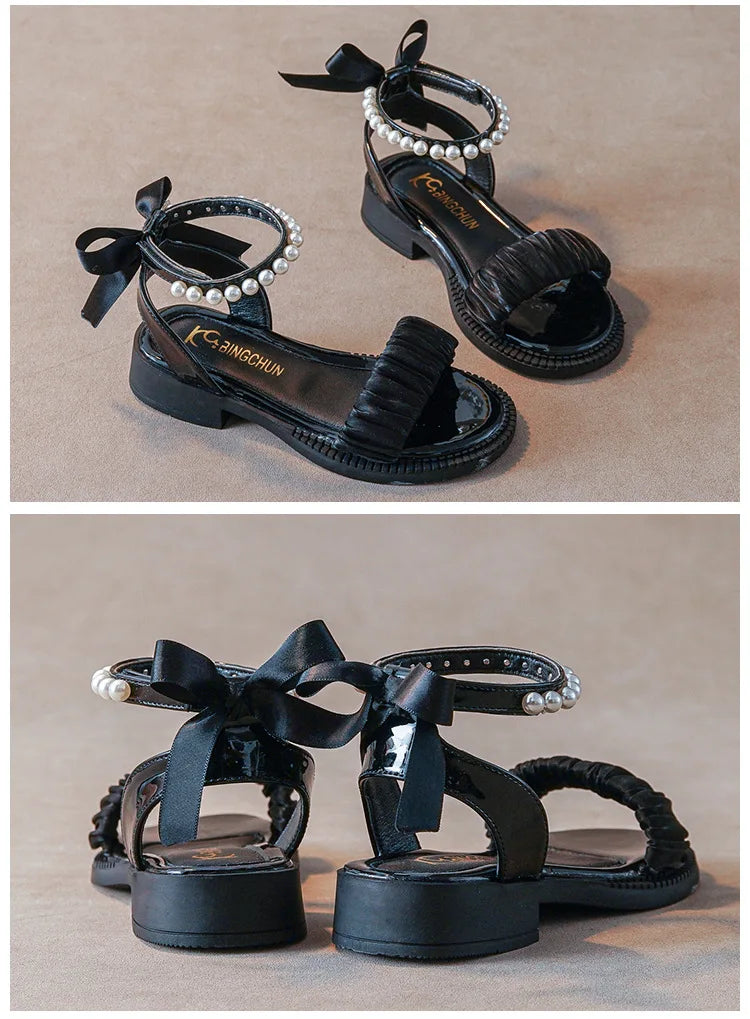 Children's Sandals Summer Elegant Girl Princess Dress Bowtie Sandals Fashion Beading Ankle Strap Kids Causal Sweet Roman Sandals