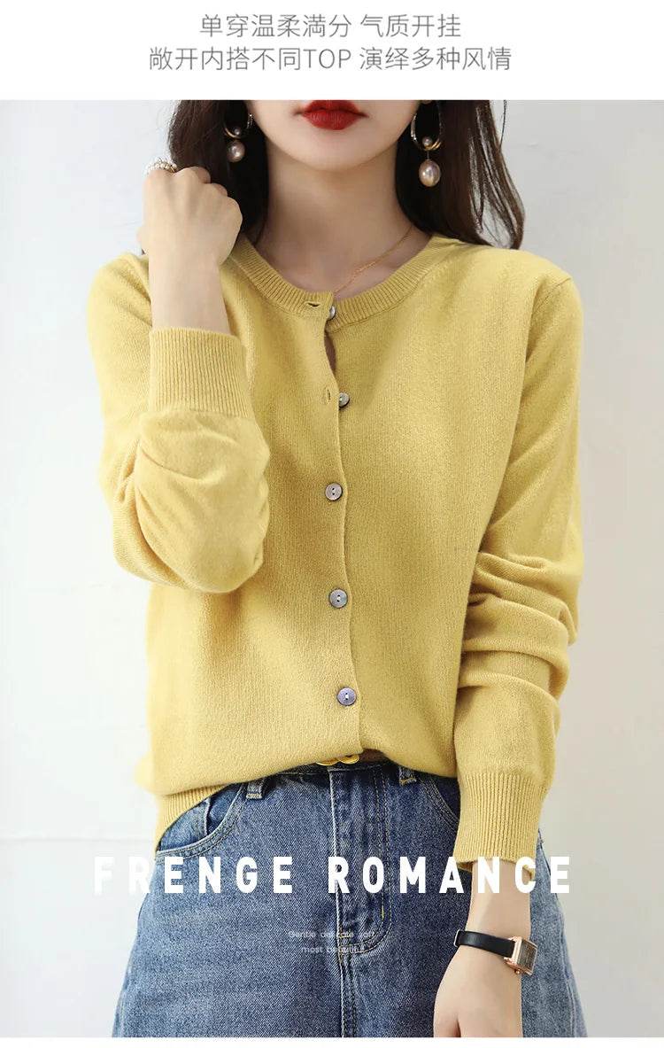 Knitted Cardigan Women's Sweater Autumn And Winter 2022 New Solid Color Coat Round Neck Short Long Sleeve Loose Korean Fashion - AIAZ