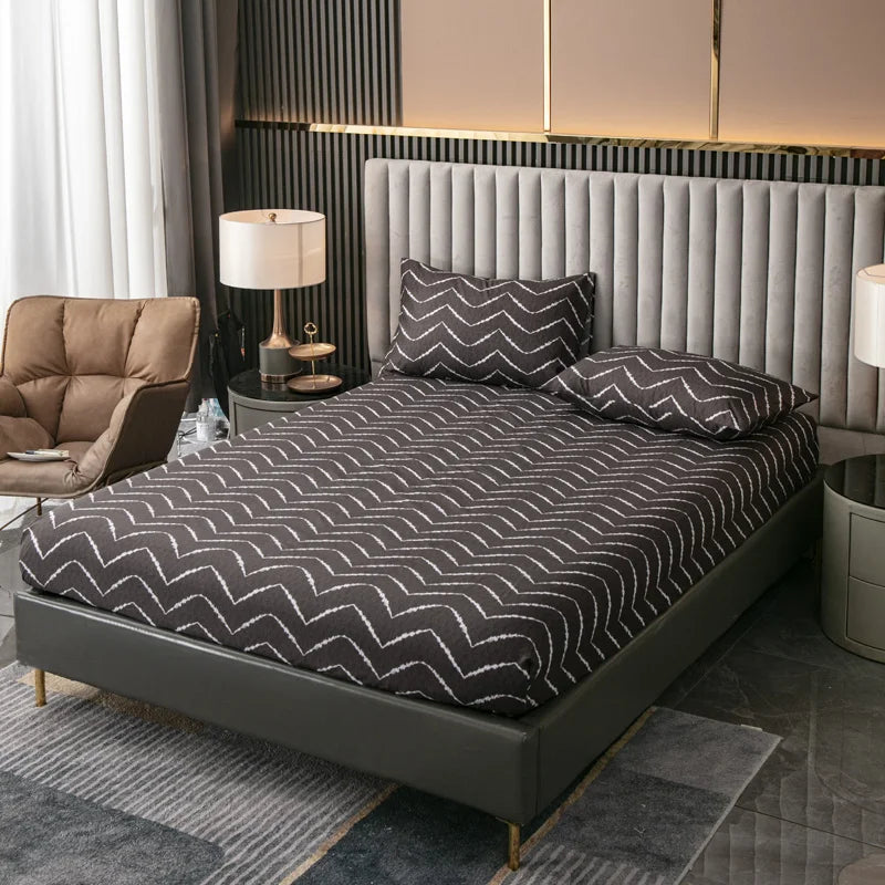 100% Polyester 3pcs Printed Sanding Fitted Sheet and pillowcases Set Elastic Band Around Mattress Cover King Size Bed Cover