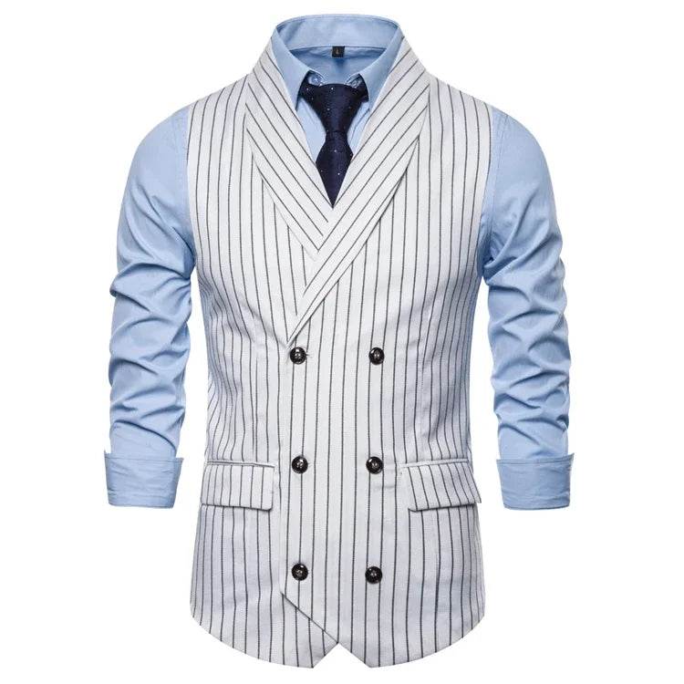 Mens Waistcoat Stripe Plaid Formal Suit Vest Men Fashion Casual Double Breasted Sleeveless Gilet Male Business Formal Dress Vest - AIAZ