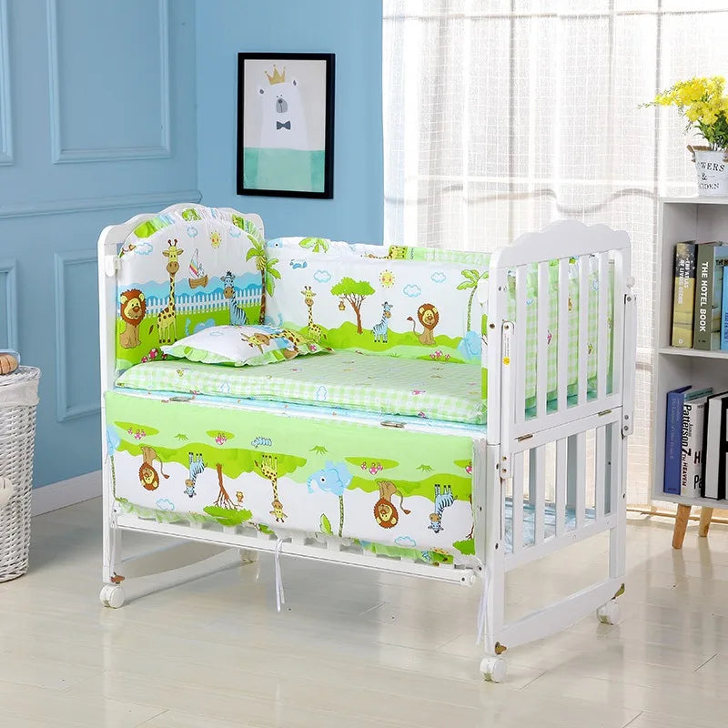 6pcs Cushion Cot Bumpers Baby Bed Bedding Kit Crib Bedding Cotton Removable Washable Include(4Bumpers+Matress+Pillow)