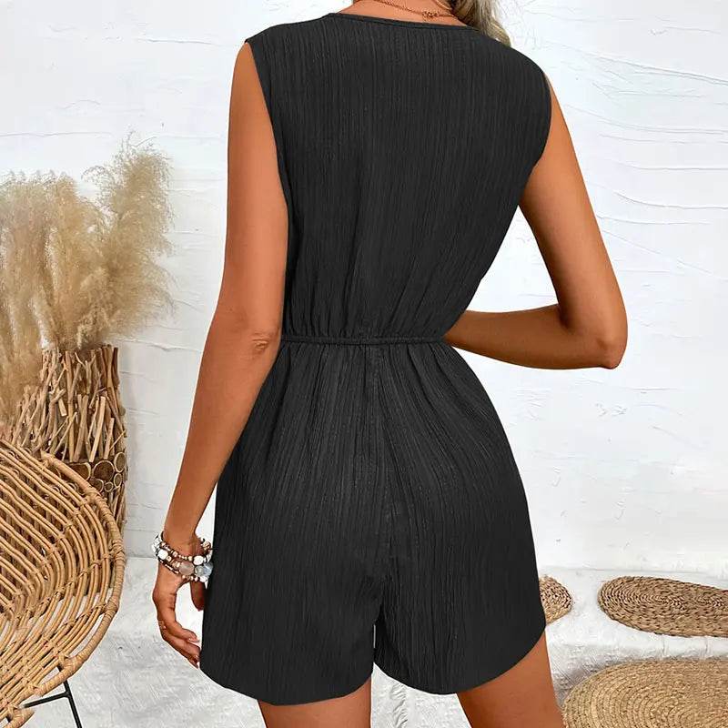 Jump Suit Women's Casual V-neck Monochromatic Jumpsuit Five-Point Shorts European and American Summer New Overalls Playsuits - AIAZ