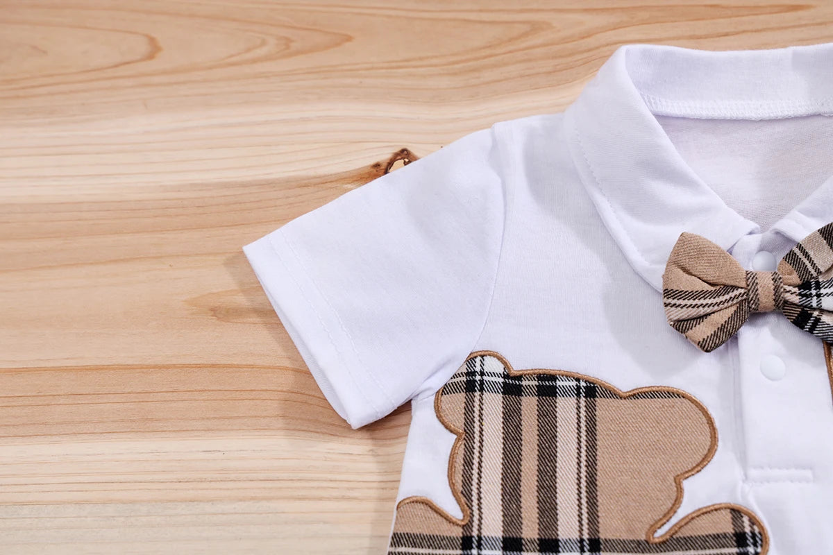 2PCS IURNXB Baby Clothes Sets Short Sleeve Boys Infant Plaid Bear Bodysuit+Suspenders Trousers Set Overall Newborn Outfits 1-18M