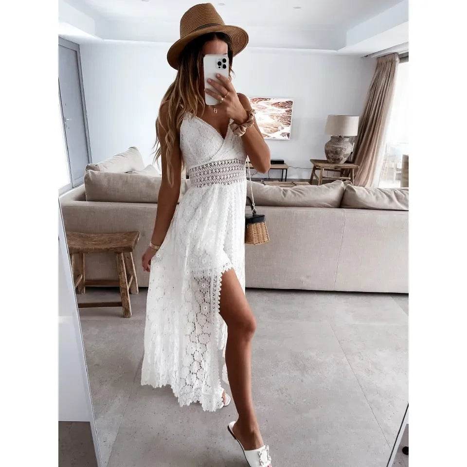 Women's Dress White Hollow Out Cotton Sundress Lace Sleeveless Long Splicing Summer Party Elegant Evening Woman Skirt Clothing - AIAZ
