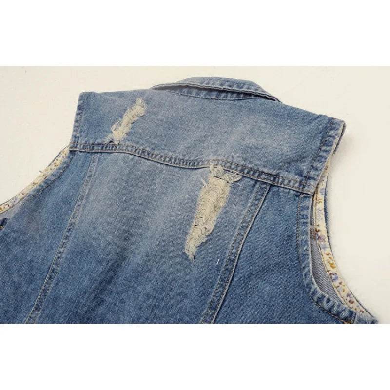 Casual And Fashionable Ripped Sleeveless Denim Vest Top Women's Spring And Autumn Unique Denim Vest Outer Coat Female Tops 2025 - AIAZ