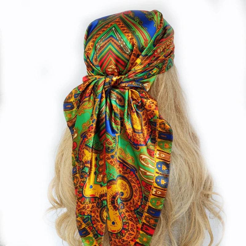 New 90*90cm Retro Brand Women Silk Scarf Bandanna Fashion Bohemian Pattern Square Hijab Lady Wrap Headband foulard muffler - AIAZ