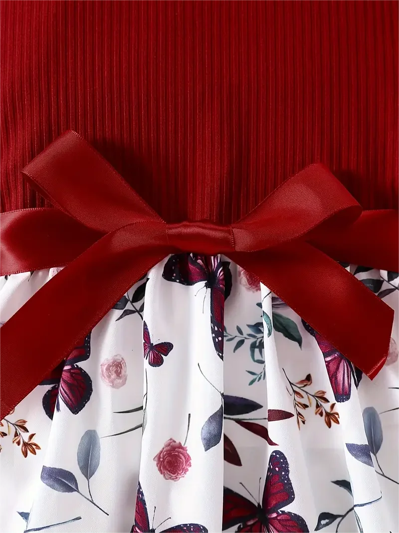 Girl Sweet butterfly print sewn sleeveless dress with bow belt, holiday/casual outing, summer gift