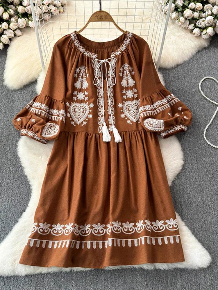 Women's Spring Summer Dress Bohemian Retro Ethnic Style Diamond Cotton Linen Blend Embroidered Lantern Sleeves Mini Dress A20 - AIAZ