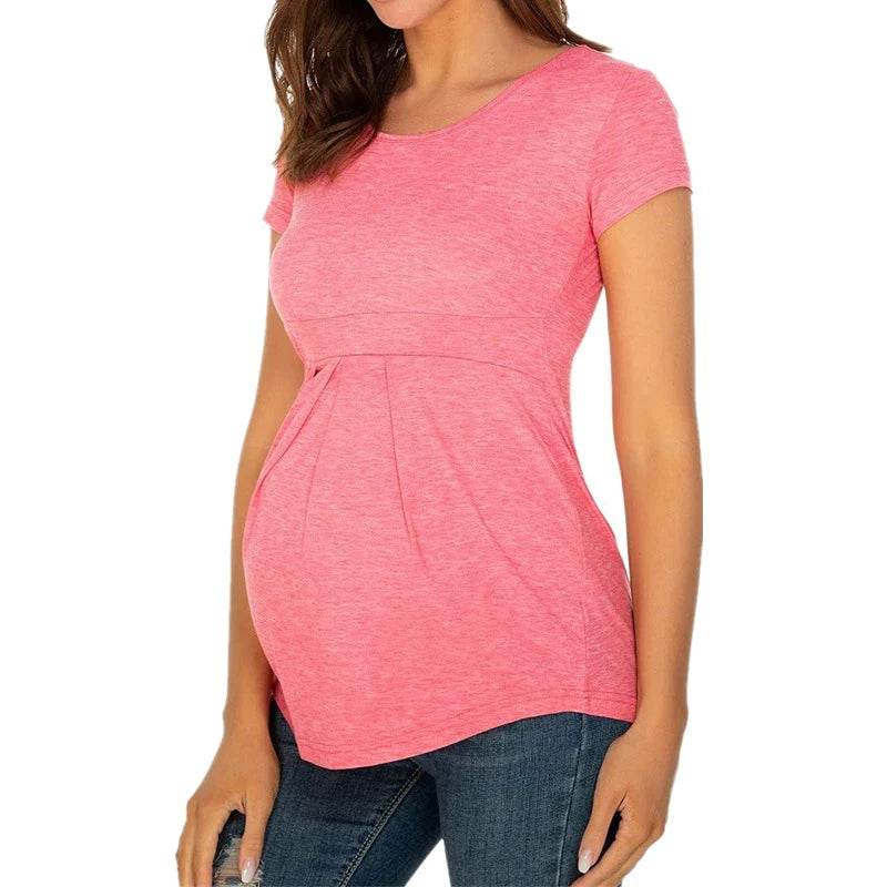 Summer Maternity Tops Women Pregnancy Short Sleeve T-Shirts Casual Tees for Pregnant Elegant Ladies Folds T-Shirt Women Clothes - AIAZ