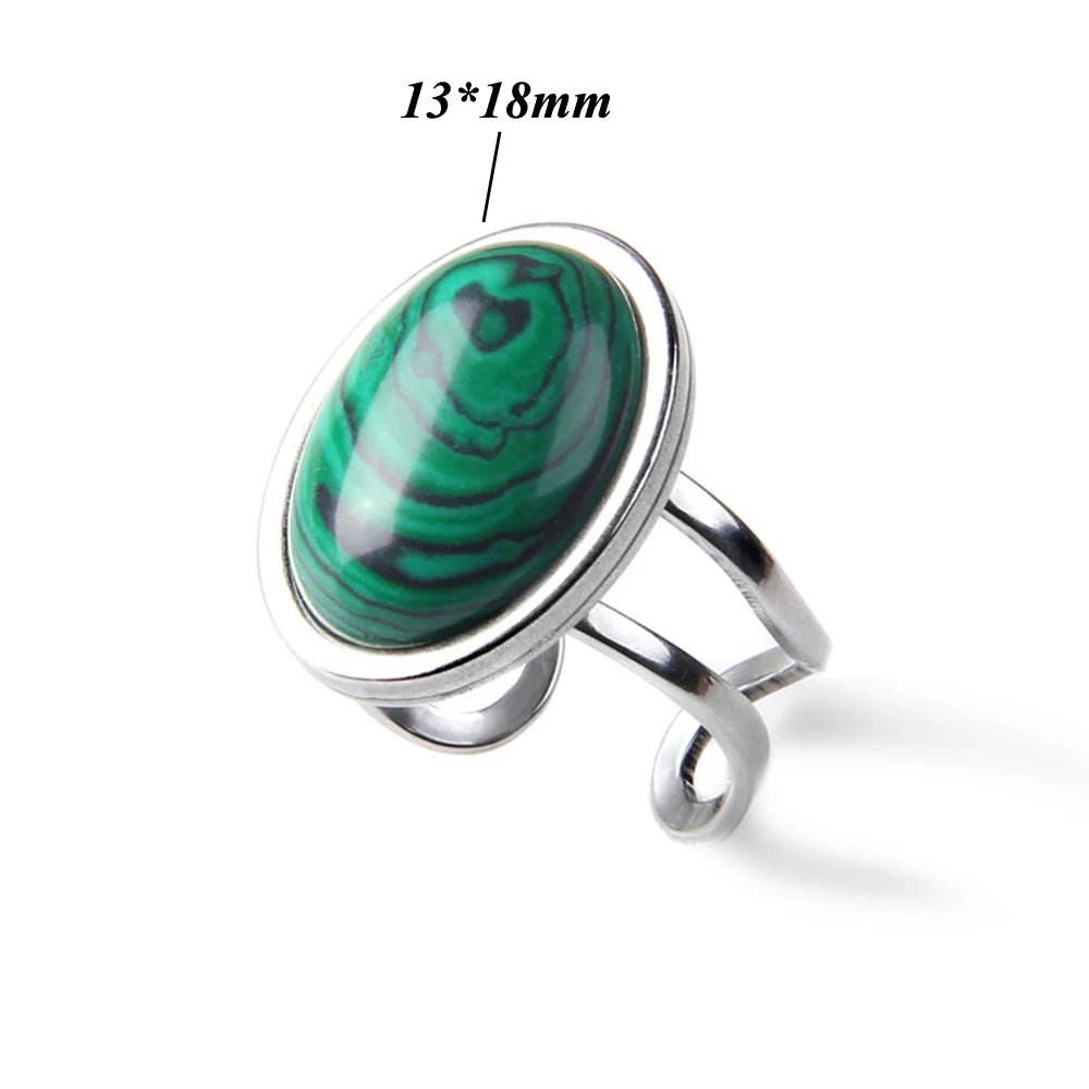 Cabochon Natural Stone Ring 10*14MM Oval Agates Turquois Quartzs Gem Finger Ring Silver Color Adjustable Open Rings Jewelry Gift