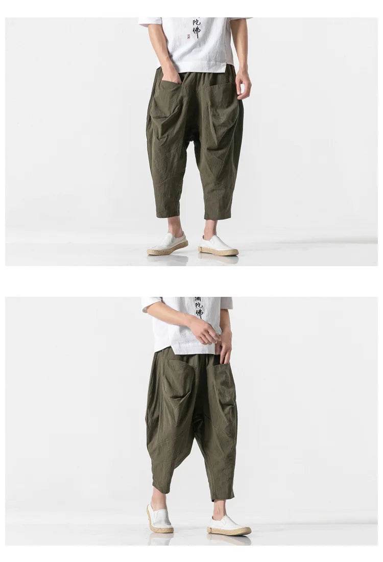 2025 Men Linen Pants Mens Wide Crotch Harem Pants Man Chinese Style Ankle-Length Pants Male Wide-Legged Bloomers Trousers - AIAZ