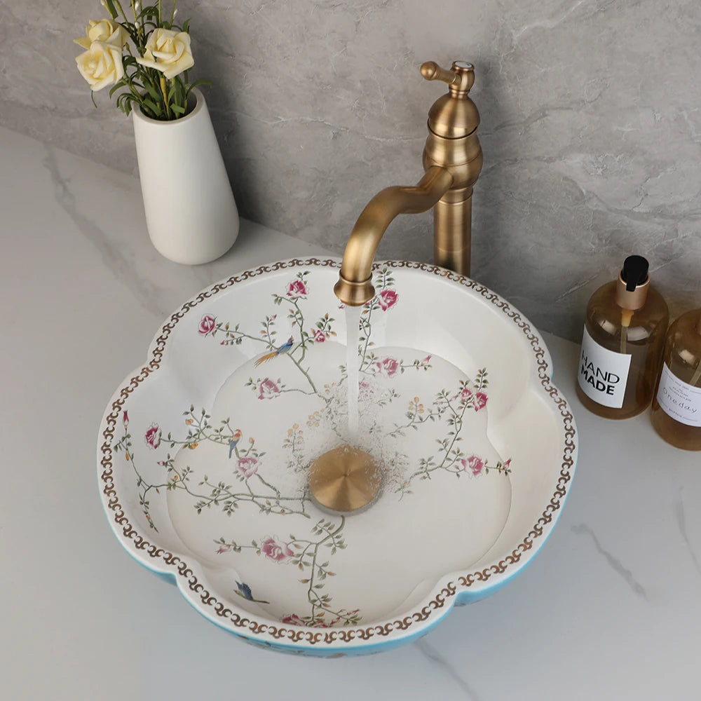 ZAPPO Above Counter Ceramic Vessel Sink For Bathroom Round Petal Shaped Flower & Bird Pattern Wash Basin Bowl Sinks With Faucet