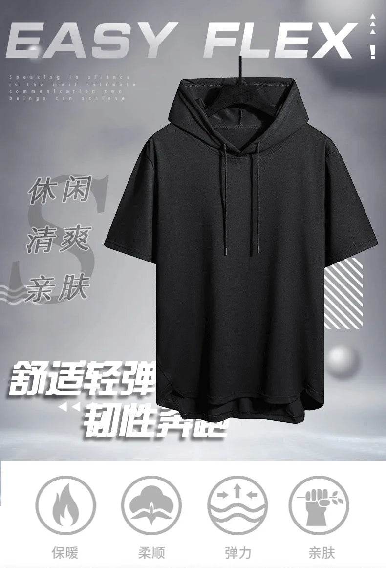 2025 Men's Summer Hoodies T-shirts Short Sleeve Solid Color Loose Hooded Drawstring Pullover Tops Basic Tees for Daily Wear Male - AIAZ