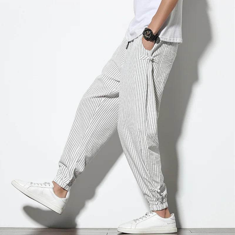 Four Seasons Men Disc Buckle Striped Harem Pants Breathable Cotton Linen Pencil Pants Buckle Casual Bloomers Fashion Trousers - AIAZ