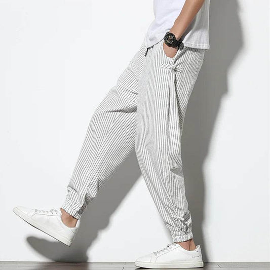 Spring Summer Disc Buckle Striped Harem Pants Mens Breathable Cotton Linen Pencil Pants Buckle Casual Bloomers Fashion Trousers - AIAZ