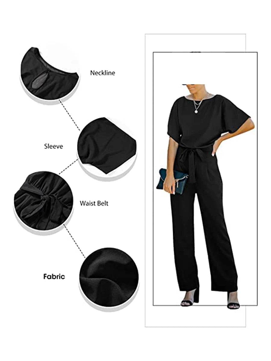 Women's clothing summer 2024 Jumpsuit, Elegant Short Sleeve Hollowed Waist Tie Solid Summer Wide Leg Pants - AIAZ