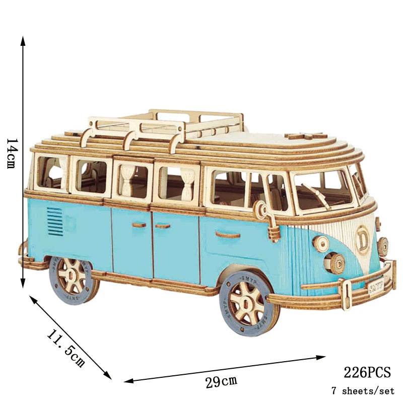 Retro Bus European-style Campervan 3D Wooden Car Puzzle DIY Sailing Ship Airplane Building House Model Jigsaw Toys For Children - AIAZ
