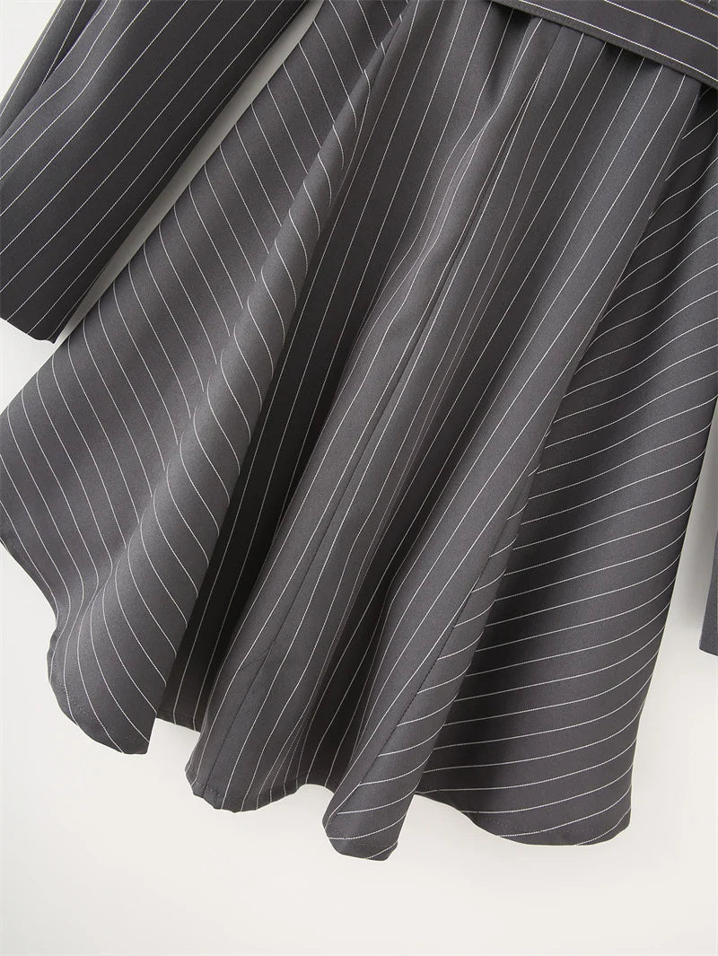 KEYANKETIAN Spring/Autumn New Women's Irregular Design Gray Striped Suit Outerwear Office Lady With Belt Slim Mid-length Coat