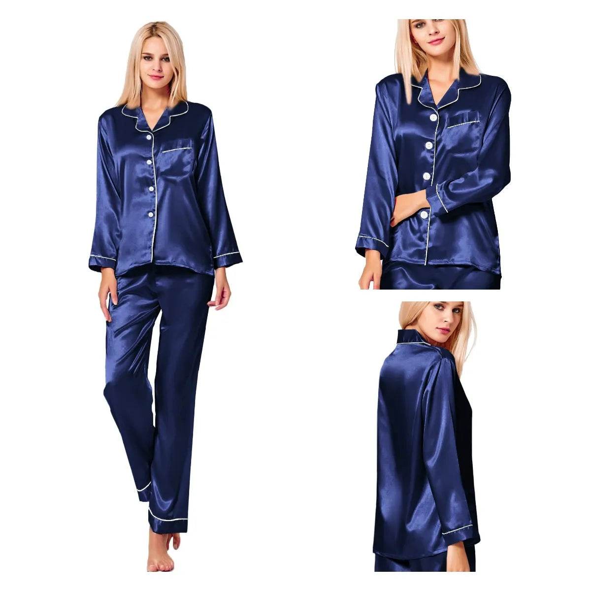 Womens Silk Satin Pajamas Loungewear Two-piece Sleepwear Button-Down Full Sleeve Long Pj Set - AIAZ