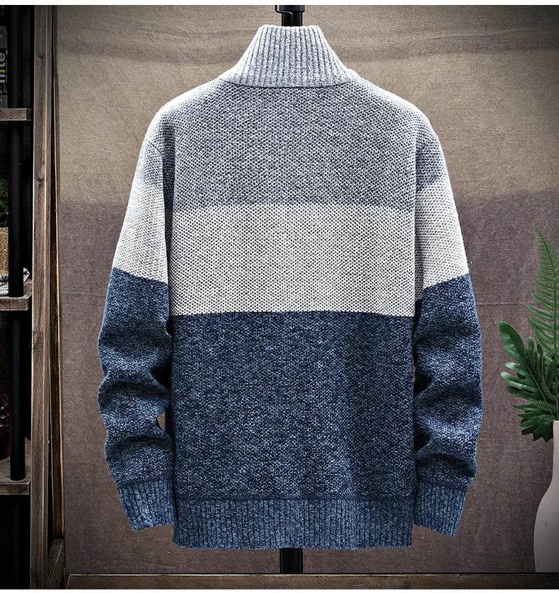 Autumn Winter Cardigan Sweater Men Fleece Zipper Sweaters Velvet Contrast Striped Sweater Coats Casual Jackets - AIAZ