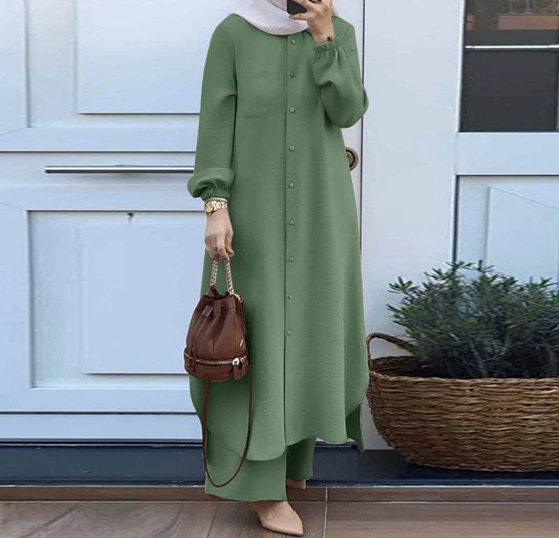 Casual Sets of Clothes for Muslim Woman Fashion Mushroom Button Long Sleeves Pants Suits for Female New Spring and Autumn 2023 - AIAZ