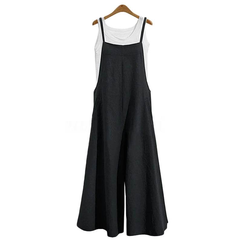 Women Straps Jumpsuit Summer Solid Color Wide Leg Pants Dungaree Bib Overalls Casual Loose Sleeveless Cotton Linen Jumpsuits 5Xl - AIAZ