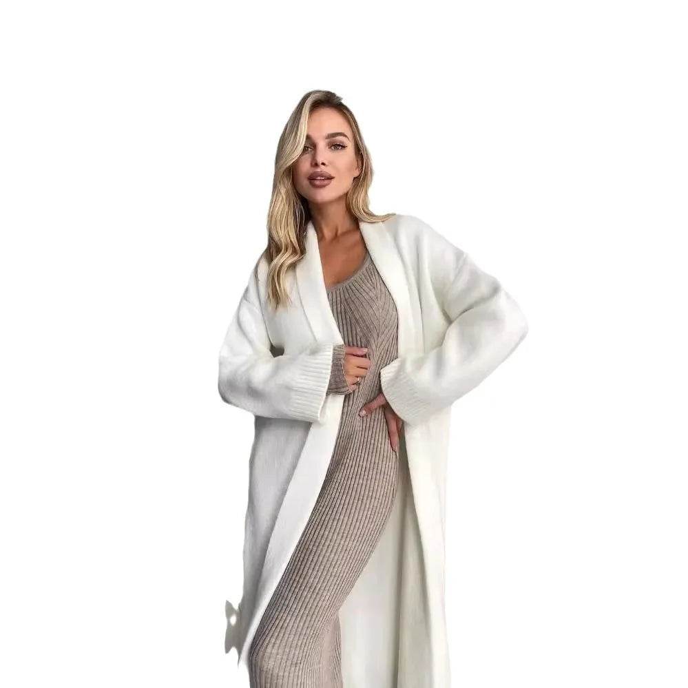 Women's Cardigan Wool Jacket Loose Retro Temperament Elegant Solid Color Collarless Knitted Long Sleeved Cardigan Jacket - AIAZ