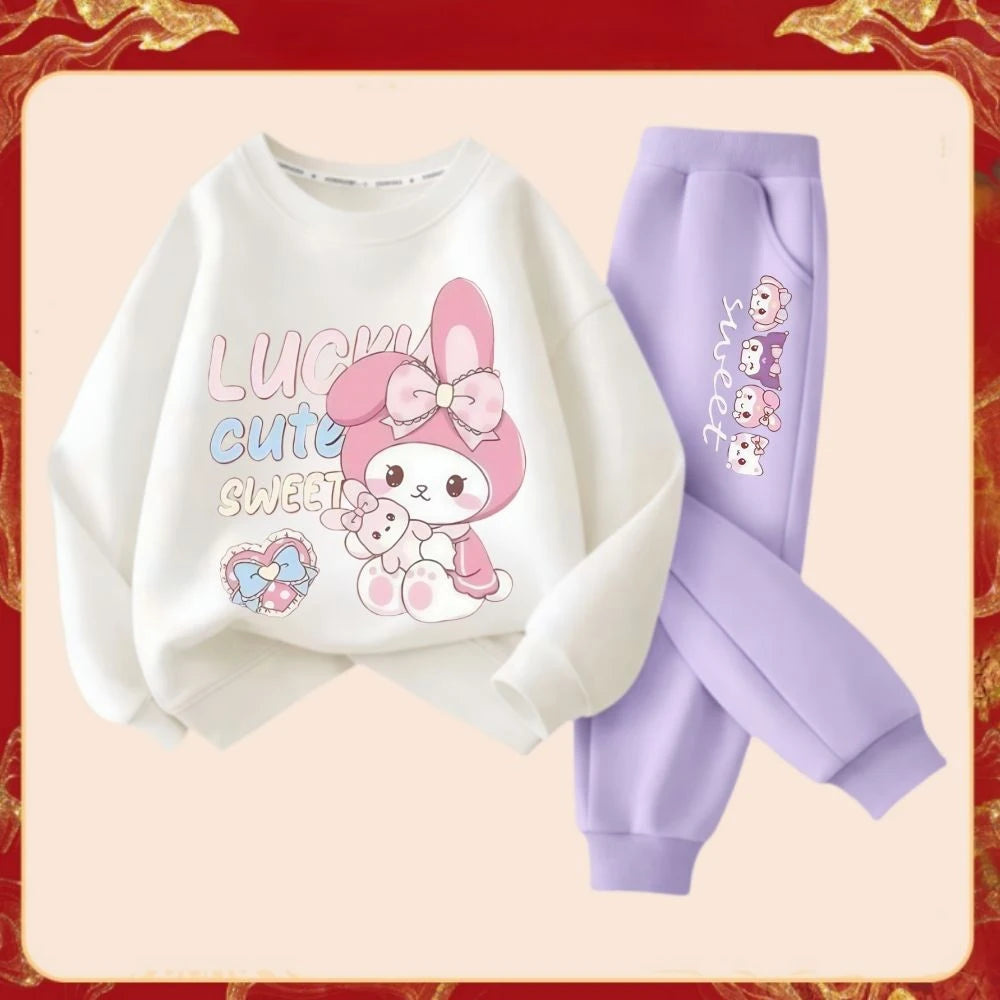 Spring Autumn Children's Sanrio Melody Print Clothes Sets Kids Kawaii Sweatershirts Pullover Tops & Pants 2Pcs Outfit Tracksuit