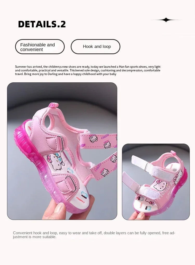 2024 Summer Baby LED Light Sandals For Girls Cute Hello Kitty Children's Casual Shoes Anti-slip Kids Beach Shoes Outdoor Shoes
