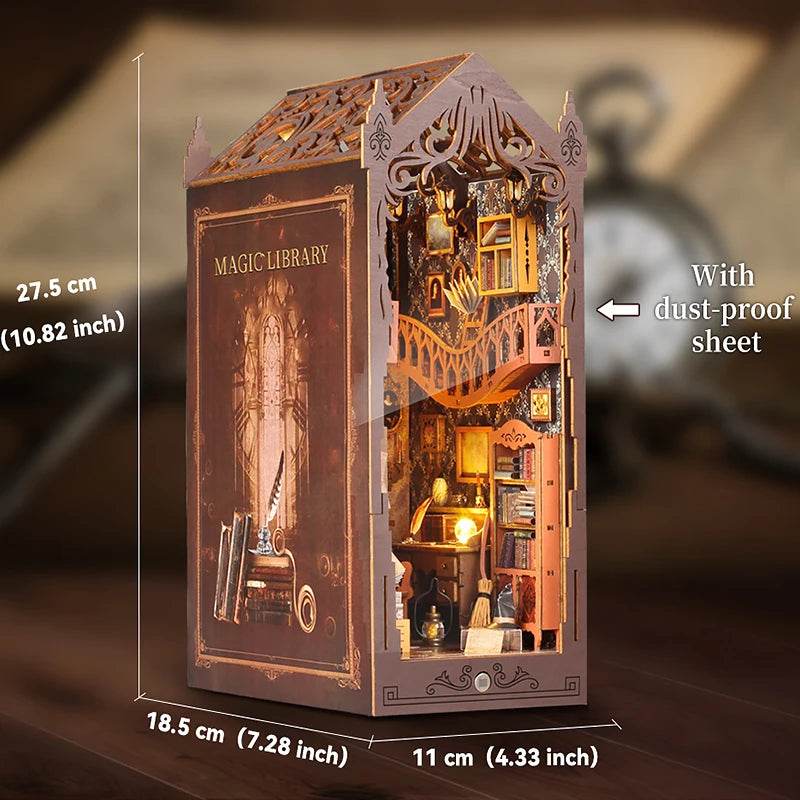 DIY Book Nook Shelf Insert Kit 3D Wooden Puzzle Doll House Assembly Building Model Bookends With Furniture LED Light Xmas Gifts - AIAZ