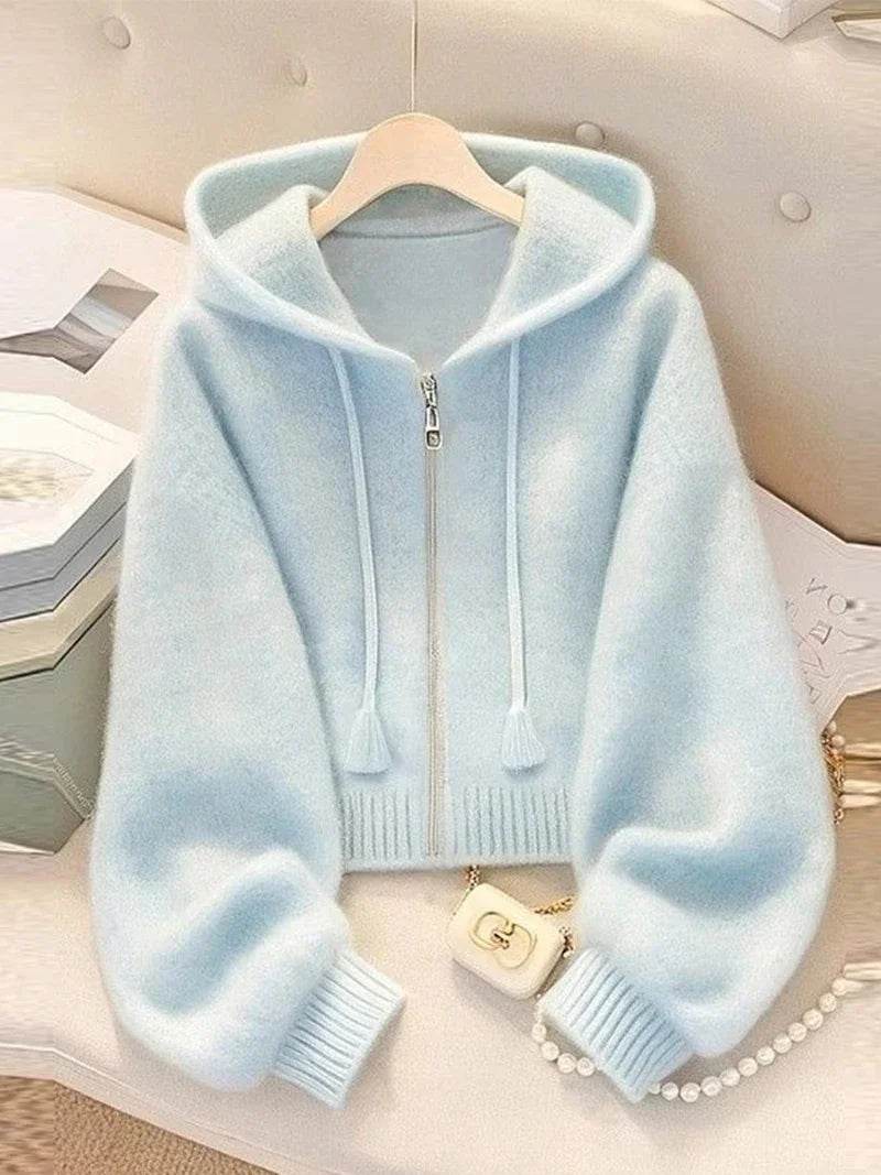 New Soft Blue Cardigan Sweaters Women Long Sleeve Elegant Knitted Jacket Sweet Design Female Casual Hooded Outwear Tops - AIAZ
