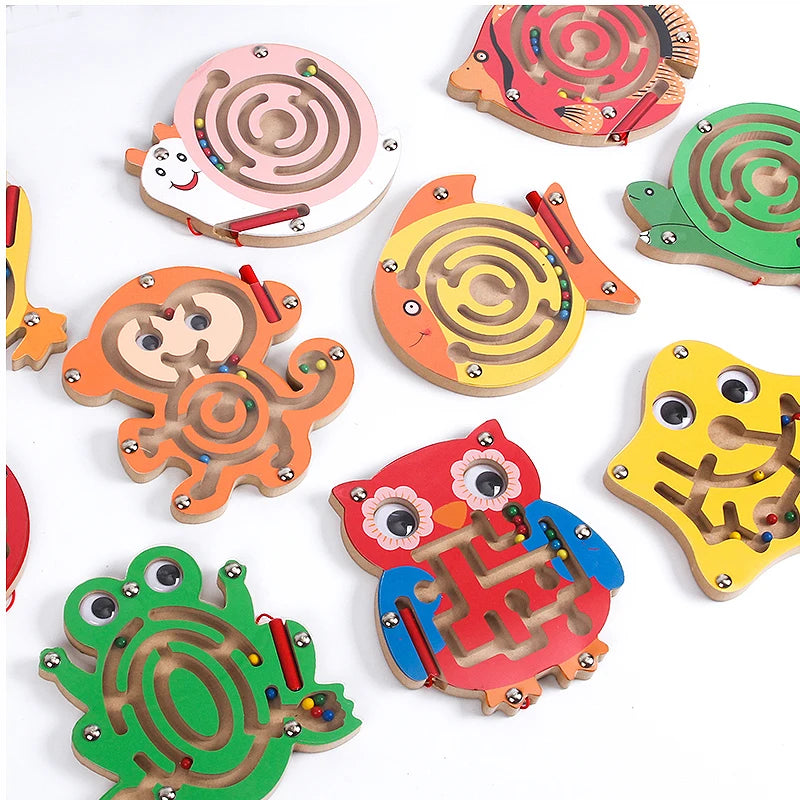 Kids Magnetic Maze Toy Mini Wooden Interactive Maze Pen Driving Beads Maze Puzzle Board Game Eduactional Toys for Toddlers Baby