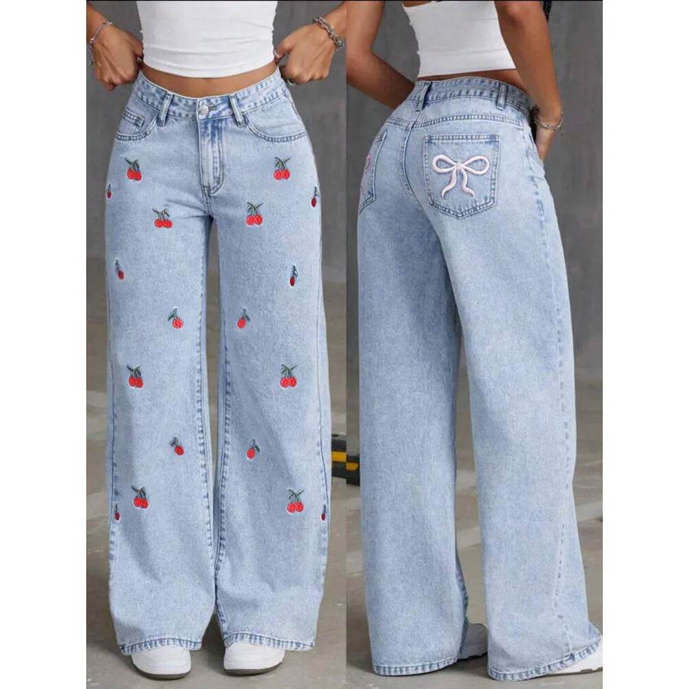 Denim Wide Leg Pants Women Jeans Embroidery High Waist Distressed Washed Mom Pockets Vintage Floor Length Trousers Streetwear - AIAZ