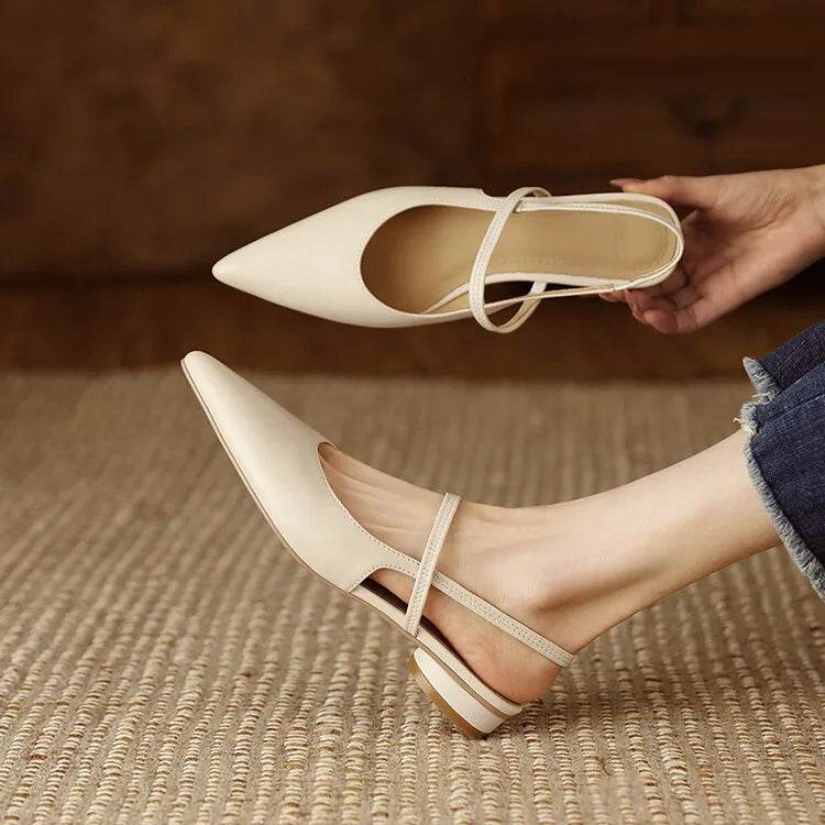 Summer Sandals Sheep Leather Women Shoes Pointed Toe Low Heel Women Pumps Genuine Leather Cover Toe Sandals for Women Handmade - AIAZ
