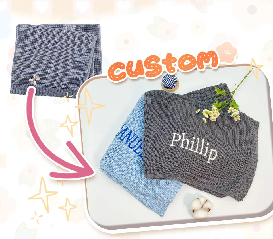Embroidered Name Knitted Blanket  Stroller Cover Kids Cotton Nap Blanket for Newborn Shower Gifts