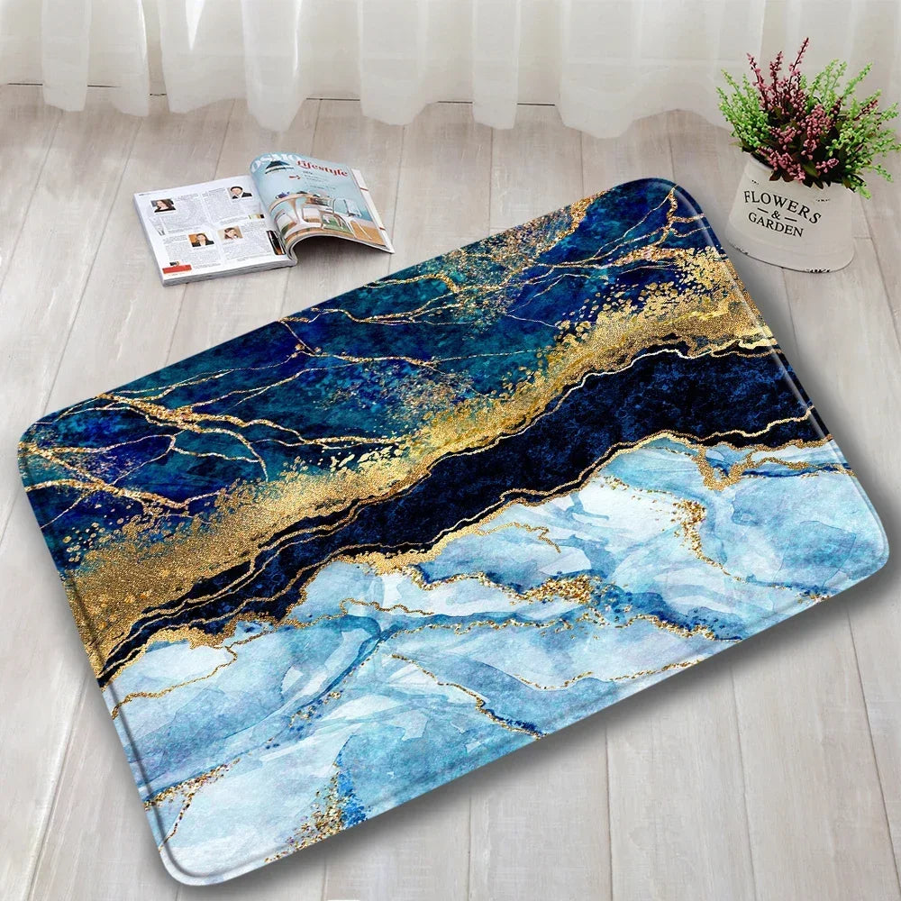 Abstract Marble Bath Mat Sets Modern Geometric Gold Lines Blue Texture Pattern Bathroom Decor Carpet Non-Slip Rugs Toilet Cover