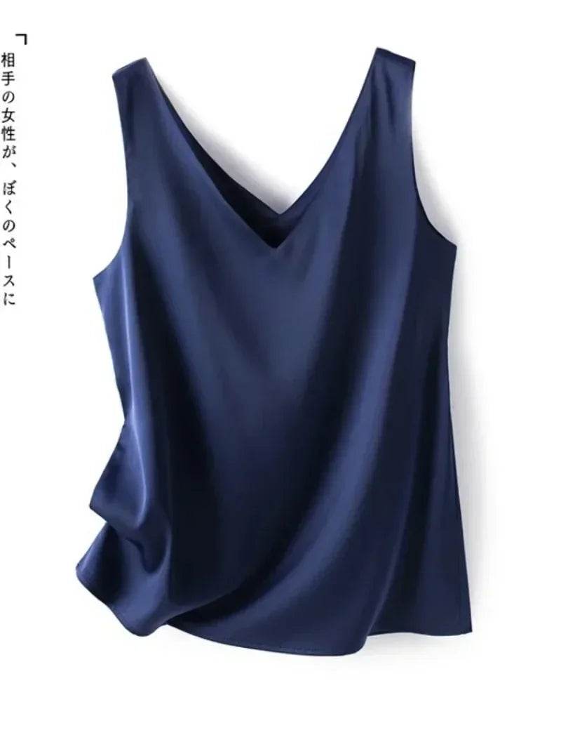 Woman T-shirts Elegant SILK Satin Blouse Sleeveless Female Summer 2025 Casual Loose Tanks and Camis Solid Green Tops for Women - AIAZ