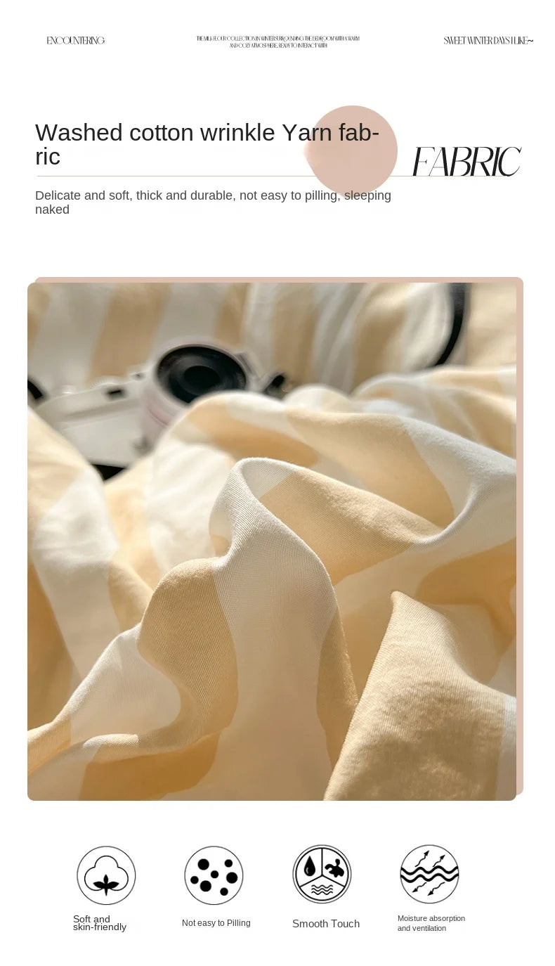 Washed Cotton Double Yarn Crepe Striped Quilt Set 3-4 Pillowcase with Sheet Bedding Cover Supplies 200x230 220x240 Skin Friendly