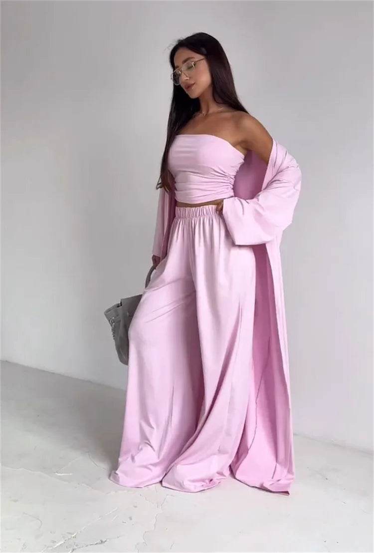 Pants Sets Women Solid Color Loose Long Cardigan Coat Tube Top High Waist Wide Leg Trousers Three Piece Set Casual Lady Suits - AIAZ