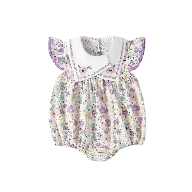 2025 Summer Girls Bodysuits Full Of Cherry Print Toddler One Piece Sweet Flying Sleeve Girls Clothes